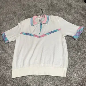 Vintage Koret Francisca White Textured Short Sleeve polo With Plaid Accents sz M thumbnail 1