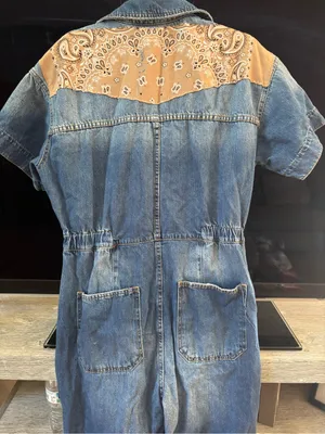 We The Free Blue Denim Short-Sleeve Jumpsuit with Tan Bandana Panels thumbnail 5