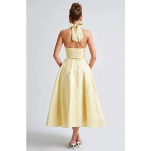 NWT Babyboo Effie Lemon Yellow Floral Jacquard Halter A-Line Midi Dress Size S thumbnail 5