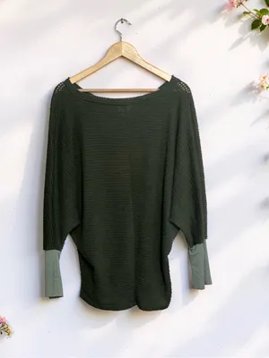 BiBi Olive Green Waffle Knit Dolman Sleeve Top Size Large NWOT thumbnail 11