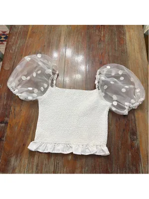 idem ditto White Smocked Puff Sleeve Crop Top NWOT Size Medium Sheer Polka Dot thumbnail 10