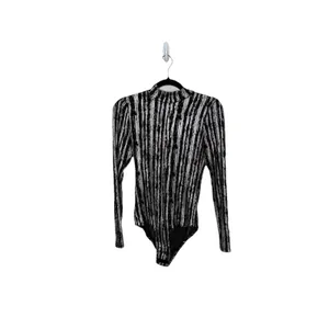 Luxxel Black Silver Metallic Knit Mock Neck Bell Sleeve Bodysuit Size Medium thumbnail 6