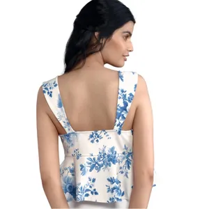 Anthropologie Maeve Square-Neck Peplum Blue and‎ White Fitted Crop Top Size L thumbnail 2