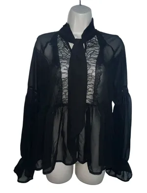 Free People Women Sheer Lace Detail Long Sleeve Tie Neck Blouse Top Black XS thumbnail 1