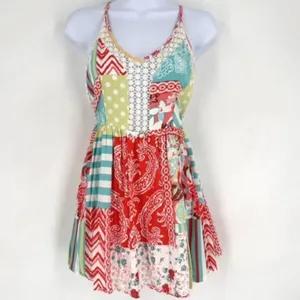 Angel Biba Patchwork Colorful Lace Trim Mini Sundress Size Small Open Back Boho‎ thumbnail 5