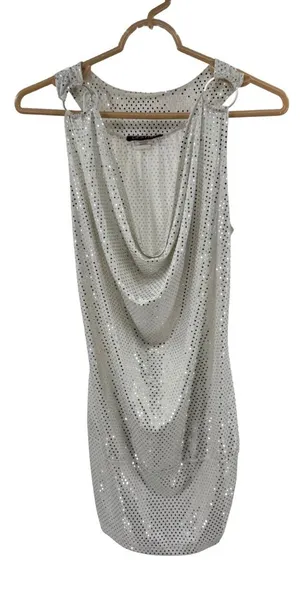 Lipstick Silver Sequin White Sleeveless banded Top ring detail L draped neck Y2K thumbnail 1