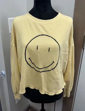 By Together Butter Yellow Smiley Face Cropped Sweatshirt Cutoff Crewneck S‎ thumbnail 1