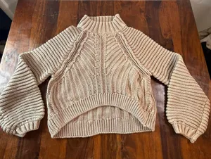 Free People My Only Sunshine Cotton Chunky Knit Mock Neck Sweater Tan Small thumbnail 1
