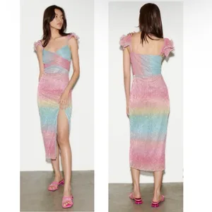 Saylor Myrah Metallic Rainbow Ombré Flutter Sleeve Midi Cocktail Dress thumbnail 4