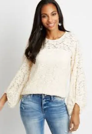 Maurices solid lace balloon sleeve‎ blouse cream size large thumbnail 1