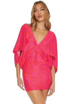 Trina Turk Pink Orange Print Stretch Swim Vneck Popover Coverup L thumbnail 1