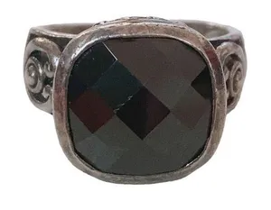 VTG 925 Sterling Silver Faceted Onyx Scroll Filigree Ring Size 6.75 Wide Band thumbnail 1