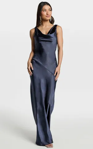 New Showpo Adilah Maxi Dress Cowl Neck Satin Dress In Navy Size Small MSRP $129 thumbnail 5