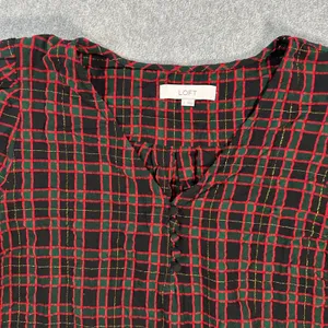 LOFT Shimmer Holiday Plaid Shirred V-Neck Blouse Women's Large 3/4 Sleeve thumbnail 3