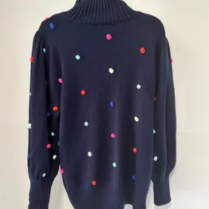 Crown & Ivy 1X Navy Turtleneck Sweater Multicolor Pom Pom Knit Long Puff Sleeve thumbnail 3