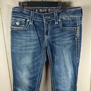 Rock Revival Jen Boot Cut Jeans Womens 31 Stretch Denim Blue Studded Flap Pocket thumbnail 2