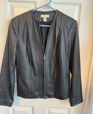 Valerie Stevens Black Genuine Leather‎ Perforated Zip Front Jacket Women's Small thumbnail 1