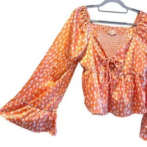 Altar'd State Orange Polka Dot Satin Peplum Top Long Bell Sleeve Smocked‎ Medium thumbnail 3