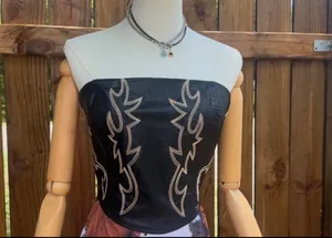 Lucky & Blessed Black Leather Boot Stitch Embroidered Corset thumbnail 3