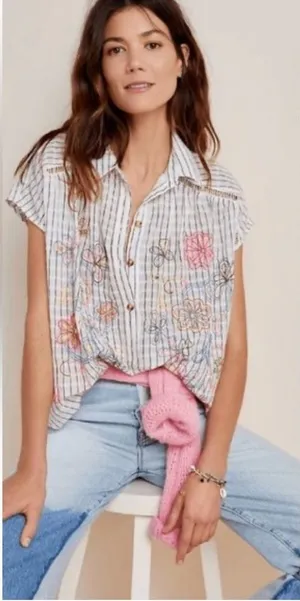 ANTHROPOLOGIE Pilcro Serena Surf Henley Linen Blend Blouse Size XS thumbnail 1