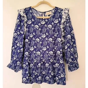 Universal Threads Blue Floral Puff Sleeve Ruffle Babydoll Blouse Cottage Top XXL thumbnail 2