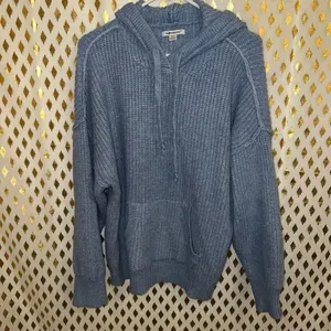 American Eagle baby blue crochet knit hoodie chunky ribbed knit blue sweater wom thumbnail 3