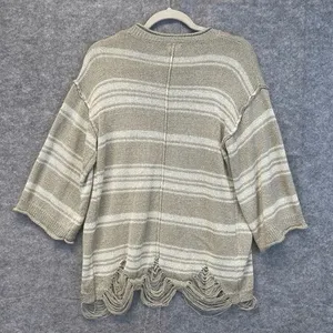 POL Sweater Women's Small Gray White Striped Knit Cardigan Frayed‎ Open Front thumbnail 10