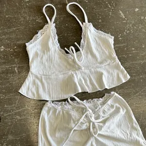 White Lace Trim Ruffle Lacing Lounge Set thumbnail 3