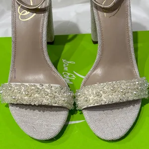 NEW Sam Edelman Sz‎ 8Yaro Perla Open Toe Silk Tweed 4” Dazzling Heels Tan thumbnail 9