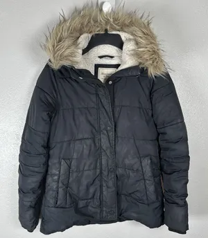 Abercrombie & Fitch Y2K Puffer Jacket Womens‎ Sz XS Black Fur Trim Lined Quilted thumbnail 1