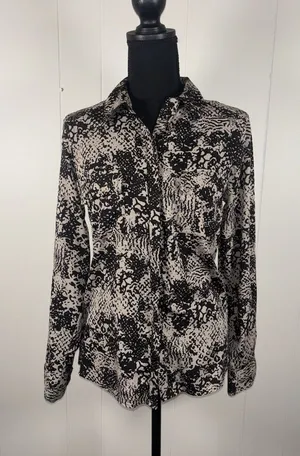 jennifer & grace blouse button up black beige‎ print top thumbnail 1