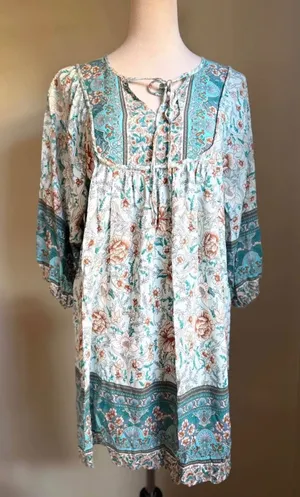 Boho Floral Mini Dress Blue Teal Babydoll Tie Neck Med cottage resort bohemian y thumbnail 1