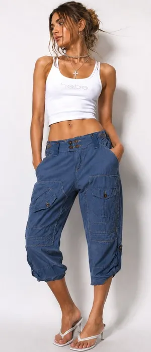 Y2K Linen Cargo Capri Blue Utility Boho Cropped Pants Sz L Button‎ Fly Wide Leg thumbnail 1