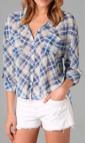 Free People Blue Cream Plaid Sheer Chiffon High Low Blouse Shirt Size Small thumbnail 1