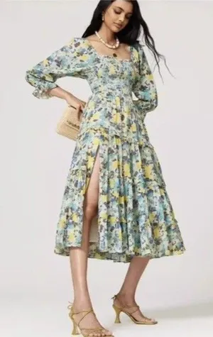 LoveShackFancy Capri Midi Dress- Size L Blue‎ Multi 3/4 Sleeves Smocked Waist thumbnail 1
