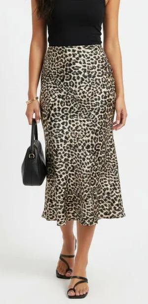 ALYA Black & Tan Animal Print Satin Midi Skirt L thumbnail 1