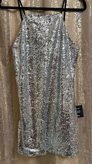 Lulus Silver Sequin High Neck Casmar Mini Dress, Large NWT thumbnail 1