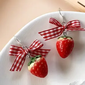 Strawberry Earrings with Red Gingham Bows thumbnail 4