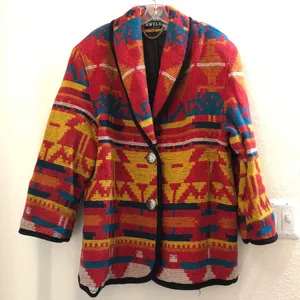 VTG Vintage 90s Jofeld Southwestern Aztec Tribal Equestrian Western Navajo Coat jacket unique pattern and buttons-Size L thumbnail 1