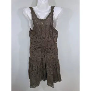 Free People Olive Green Eyelet Lace Up Tiered Mini Dress Size 6 Boho Cottagecore thumbnail 4