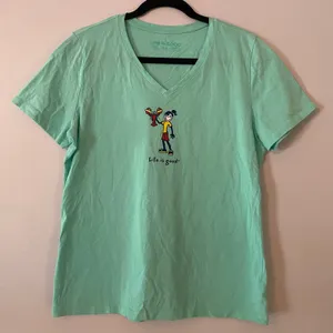 Life Is Good Teal Blue V-neck Tee Cotton Lobster Girl Gorpcore Women size Medium thumbnail 1