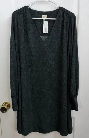 NEW A New Day green black‎ patterned v-neck long sleeve knee dress relaxed XL thumbnail 1