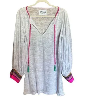 Pitusa Tunic Top Standard Multicolor Colorful Boho Cuffs Tasseled Artsy Resort thumbnail 1