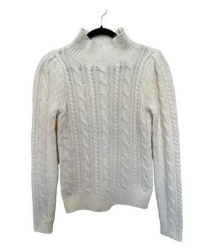 Ann Taylor Chunky Cable Knit Mock Neck Puff Sleeve Sweater Preppy White XS thumbnail 4