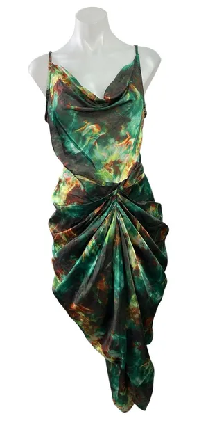 NEW PrettyLittleThing Green Satin Cowl Neck Gathered Sheath Midi Dress Size 8 thumbnail 1