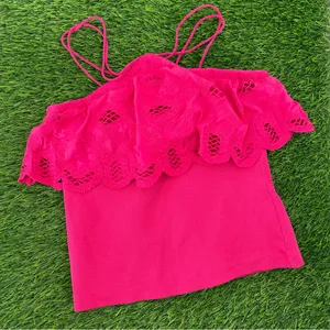 Anthropologie Ruffled Halter Cottage Pink Embroidered Crochet Tank Blouse Top thumbnail 5