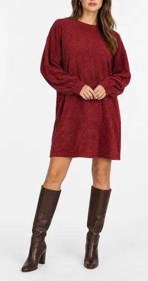 Elizabeth and James Burgundy Velour Knit Sweater Mini Dress Long Sleeve Size L thumbnail 1