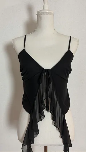 Steel Mill Black Mesh Ruffle Front Cami Tie Crop Top Sz L Fairy Fairycore Grunge thumbnail 1