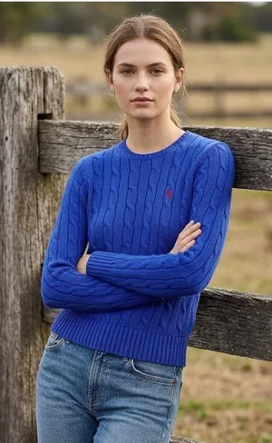 NWT Polo Ralph Lauren Cable-Knit Pima Cotton Crew Neck in Blue Sweater L thumbnail 1