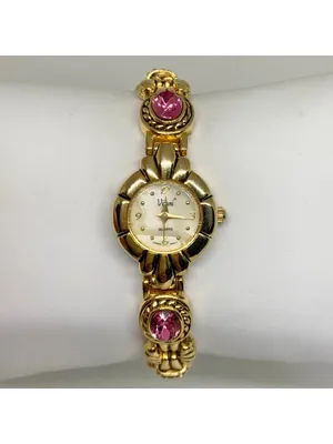 Vintage Vivani New York gold tone women’s watch pink crystals 21mm running thumbnail 3